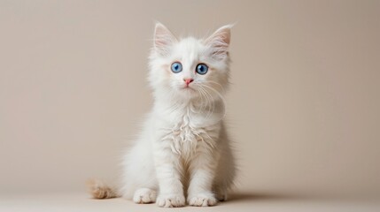 A fluffy Khao Manee kitten sitting confidently in a spacious studio, with one blue eye and one gold eye, staring directly at the camera with a cute and friendly demeanor, against a neutral background