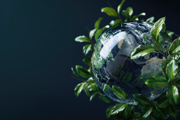 Wall Mural - illustration of the Earth with green leaves, water and moss growing on it. The planet is made up of glass material, with some parts surrounded by light effects.