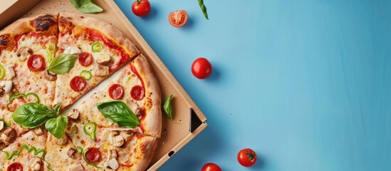 Wall Mural - blue background with pizza box showcasing design and logo for pizza delivery service, featuring ampl