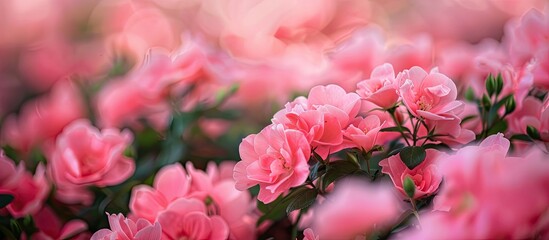 Aufkleber - Close-up view of blooming pink flower bushes with a soft focus, providing copy space in the image.