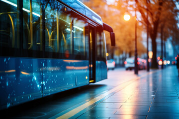 Abstract blurred background with public transport in the city. Copy space for text