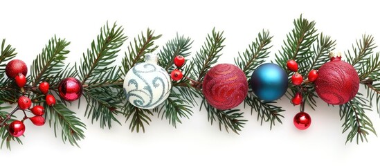 Wall Mural - Festive Christmas ornaments and fir branches with decorations arranged against a white background, suitable for adding a copy space image.