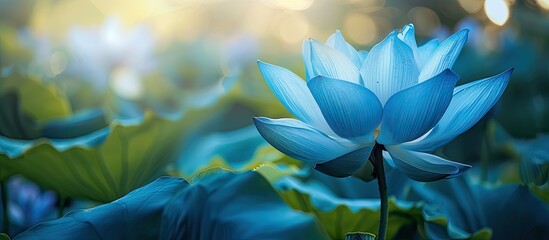 Wall Mural - An up-close view of a blue lotus with a nature setting, ideal for use as a background or wallpaper with copy space image.