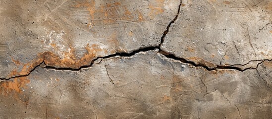 Poster - Close-up of a crack on the cement surface at a building corner with copy space image.