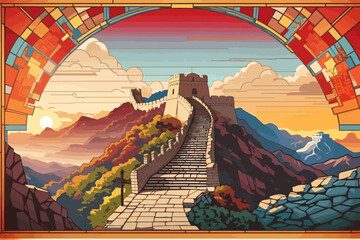 Great Wall of China retro stained glass illustration