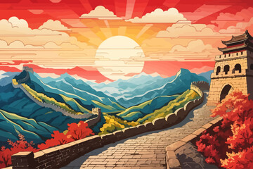 Wall Mural - Great Wall of China retro stained glass illustration