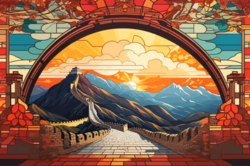 Wall Mural - Great Wall of China retro stained glass illustration