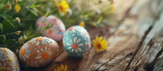 Aufkleber - Close-up view of Easter decorations with painted eggs on a wooden table with copy space image.