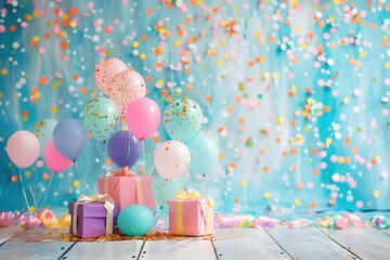 Poster - A joyful scene of bright balloons, confetti, and presents against a blue backdrop. Perfect for a childs birthday party celebration. Generative AI
