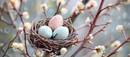 Poster - Easter greeting card featuring pastel colored eggs in a nest surrounded by pussy willow branches, creating a serene scene with copy space image.