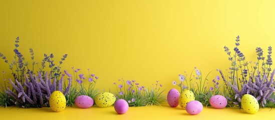 Poster - Easter-themed backdrop in yellow with lavender blooms. Ample copy space image included.