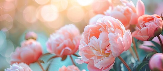 Poster - Close-up view of stunning peonies with a blurred background, providing copy space image.