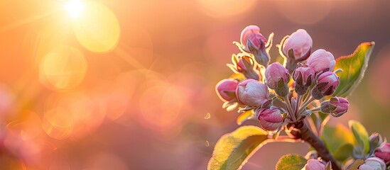 Aufkleber - Apple tree buds in close-up during a spring sunset in a blooming orchard, with a blurred background offering copy space image.