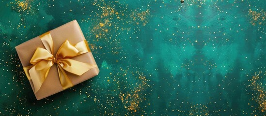 Poster - Christmas concept flat lay showing a brown gift box tied with a yellow satin ribbon bow, set on an emerald green background with gold glitter, providing copy space image.