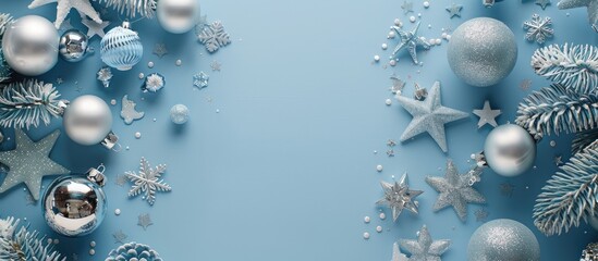 Aufkleber - Festive Christmas arrangement featuring silver decorations, stars, toys on light blue backdrop. Top view flat lay with a blank area for text or images. copy space available