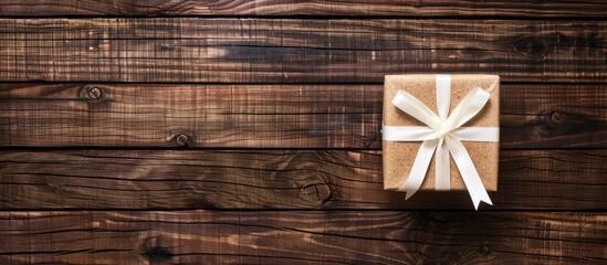 Poster - Wooden surface showcasing a gift box adorned with a white ribbon bow, perfect for a copy space image.