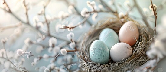 Poster - Easter greeting card featuring pastel colored eggs in a nest surrounded by pussy willow branches, creating a serene scene with copy space image.