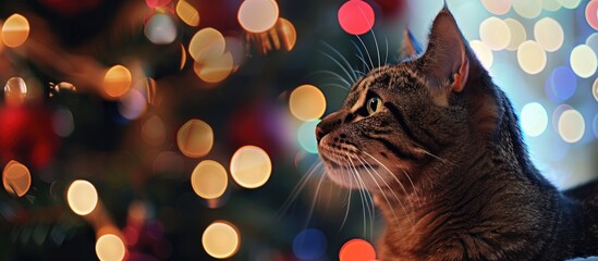 Aufkleber - Bokeh Christmas lights gently blurred in the background with a cat in the foreground, creating a cozy holiday atmosphere in the copy space image.