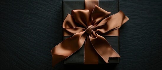 Poster - Top-down view of a decorative gift box with a silk ribbon, set on a black background, ideal for occasions like Black Friday, birthdays, Christmas, and Halloween, with room for additional images.
