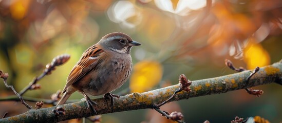 a dunnock bird sitting on a tree branch with copy space image.