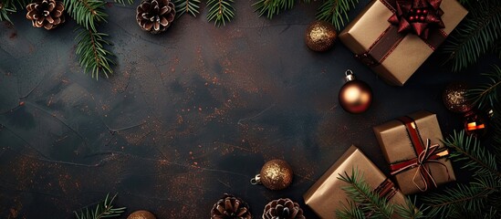 Aufkleber - Top view frame with copy space image featuring Christmas decorations, a fir tree branch, and a gift box displayed on a dark table.