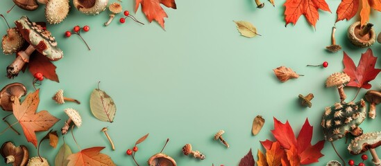 Wall Mural - Top view flat lay with a frame crafted from autumn leaves and mushrooms on a soft green backdrop, ideal for a copy space image.