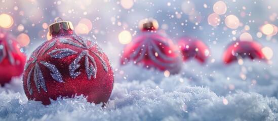 Poster - Festive Christmas background featuring baubles on snow with available copy space image for text.