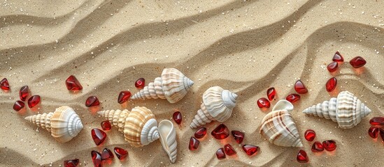 Poster - A summer-themed backdrop with white cone shells and red glass pebbles on a sandy surface, ideal for a copy space image.