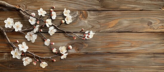 Apricot tree branch in bloom against a wooden backdrop with a clear copy space image.
