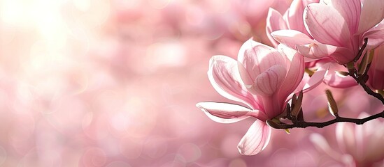 Aufkleber - Magnolia blossom on branch with soft pink petals set against a bright spring garden backdrop with copy space image.