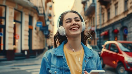 Wall Mural - The joyful woman with headphones