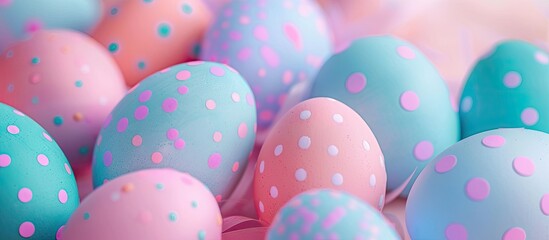 Aufkleber - Easter greeting card collage featuring pastel paper eggs in shades of ultraviolet, pink, and cyan with dots, presenting a creative concept. Includes copy space image for text.