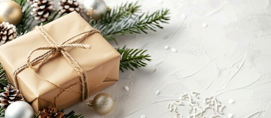 Poster - Selective focus of a Christmas gift box on a white backdrop with decorative elements, providing ample copy space image.