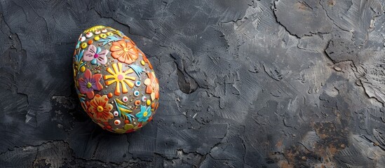 Poster - Easter egg-shaped handmade magnet on dark gray concrete with Ukrainian symbols for a holiday card with available copy space image.