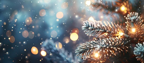 Aufkleber - Festive winter background with icy fir, sparkling lights, and bokeh, perfect for a copy space image.