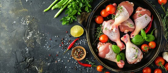 Top view of raw chicken drumsticks with vegetables and herbs cooking in a frying pan. Fresh ingredients for a healthy homemade meal, displayed on a background with copy space image.