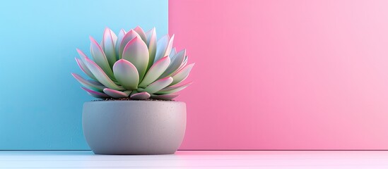 Poster - Succulent plant in gray pot on blue and pink backdrop with copy space image.