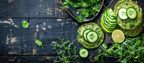 Spinach pancakes with cucumber, avocado, and greens displayed on a dark wooden surface from a top view orientation, allowing for copy space image inclusion.