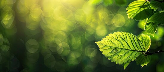Poster - A beautiful nature scene with a green leaf against a blurred green background, sunlight, and space for text, ideal for a natural landscape or fresh wallpaper concept. copy space available