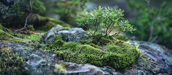 Poster - Lush foliage slowly overtakes moss-covered rock in the wilderness, creating a serene Copy Space image evoking survival themes.