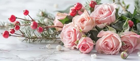 Poster - Pink roses and decorations with a spring holiday theme on a white marble backdrop create an appealing copy space image.
