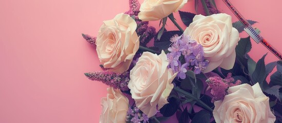 Aufkleber - Greeting card featuring a bunch of cream roses and vivid purple flowers in full bloom on a pink backdrop, adorned with a flare, providing copy space image.