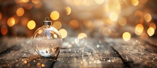 Poster - A shiny glass Christmas bauble placed on an aged wooden table with a sparkling background, featuring copy space image.