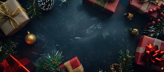 Aufkleber - Top view frame with copy space image featuring Christmas decorations, a fir tree branch, and a gift box displayed on a dark table.