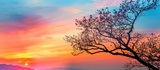 Wall Mural - A stunning sunset landscape with a beautiful tree and branch silhouette against the colorful sky, perfect for adding text with copy space in the image.