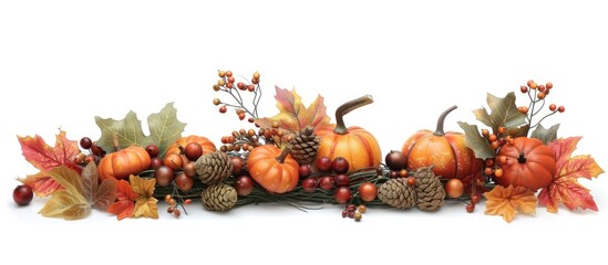 Wall Mural - Autumn-themed arrangement of leaves, pumpkins, and berries on a white backdrop. Suitable for displaying text. Includes a designated copy space image.