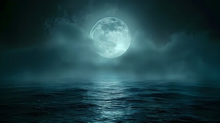 Poster - Peaceful Lunar Seascape   Calm Dark Ocean Reflecting Serene Moonlit Sky