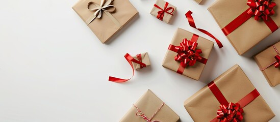 Poster - On a white table, there's a present surrounded by boxes, with ample copy space image available.