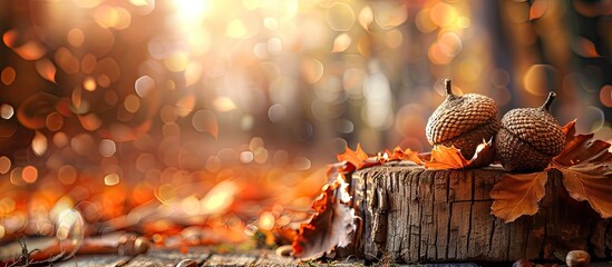 Wall Mural - Autumn-themed acorn decor displayed on a rustic wooden log with copy space image.