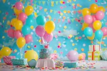 Poster - Vibrant birthday party decor with pops of color: balloons, confetti, and gifts on a light blue background. Ideal for kids shops, planners, and studios. Generative AI